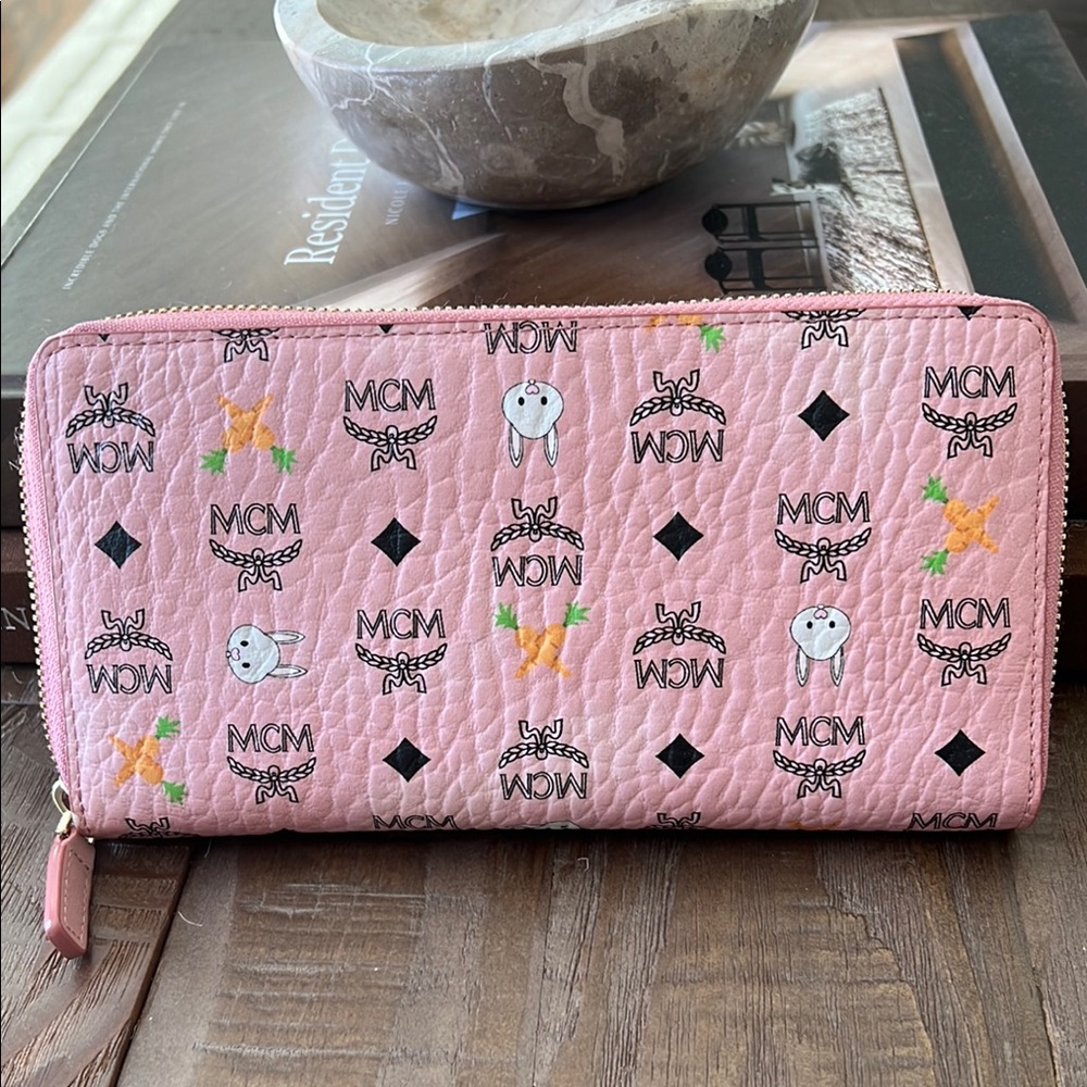MCM Pink Monogram Wallet with Zip-Around Closure